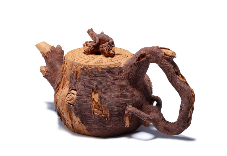 仿木外皮紫砂壺，創(chuàng)意木樁手工雕刻紫砂壺